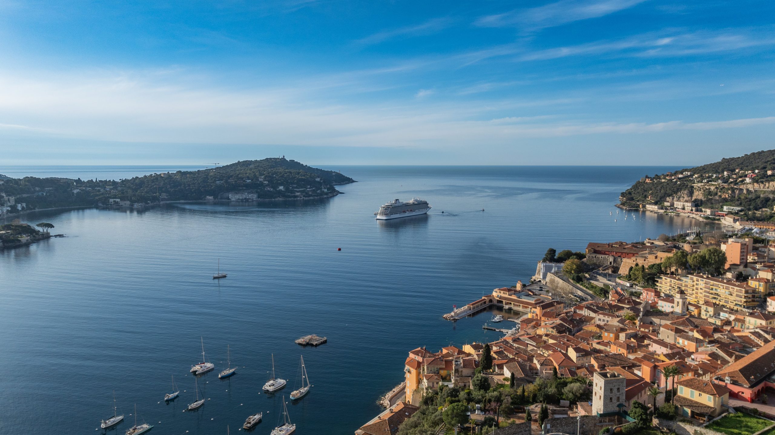 Aerial view of Villefranche-sur-Mer with the port and surrounding hills